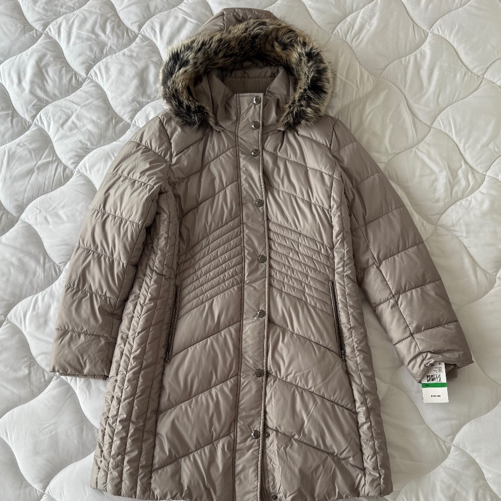 TOWER by London Fog Gray Mid-Length Faux Fur Hood Puffer Coat, Large NWT Warm